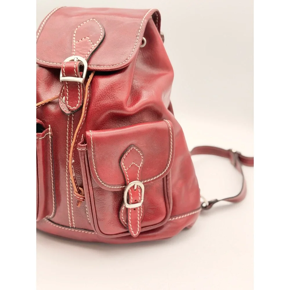 Vintage Red Leather Rucksack Backpack Contrast Stitch Buckle Drawstring Medium
